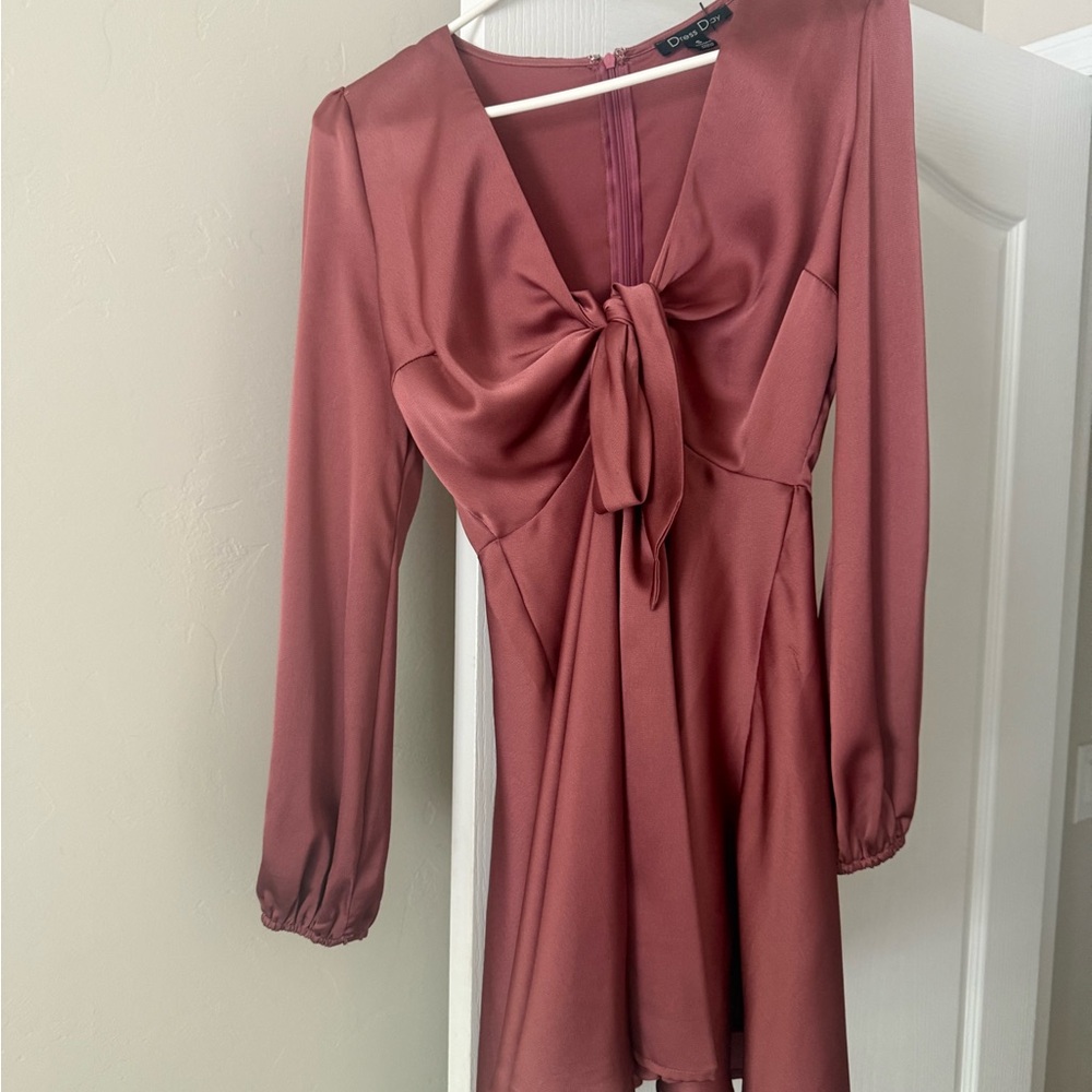 Mauve Tie-Front Long Sleeve Dress
